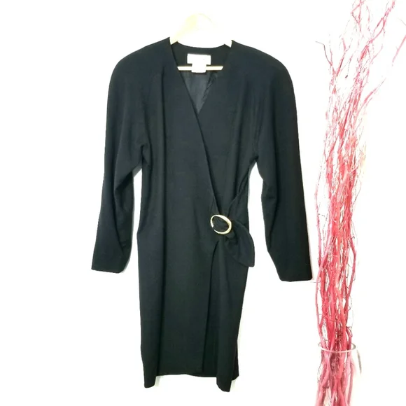 Nicole Neault Vintage Black Retro 100% Wool Bucklet Long Sleeve 80's Dress - Picture 7 of 9